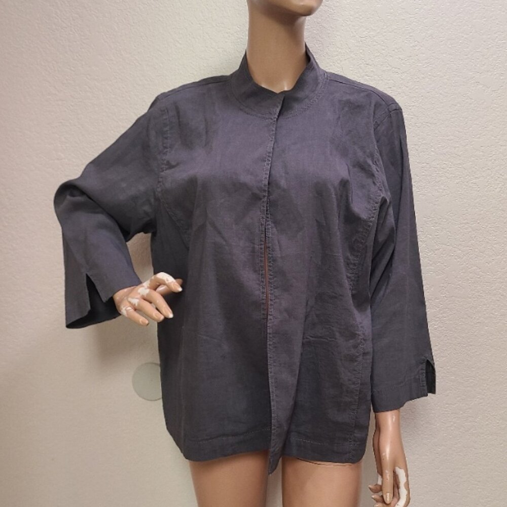 EILEEN FISHER STRETCH LINEN-BLEND OPEN FRONT STAND COLLAR KIMONO JACKET TOP XL - Picture 2 of 8